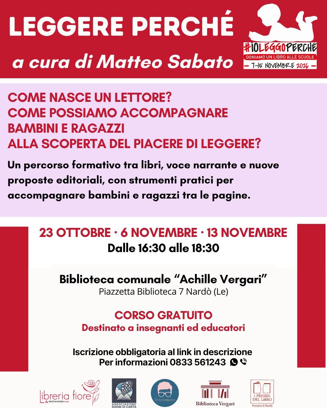 Locandina: Leggere Perché, percorso di formazione per insegnanti ed educatori con Matteo Sabato