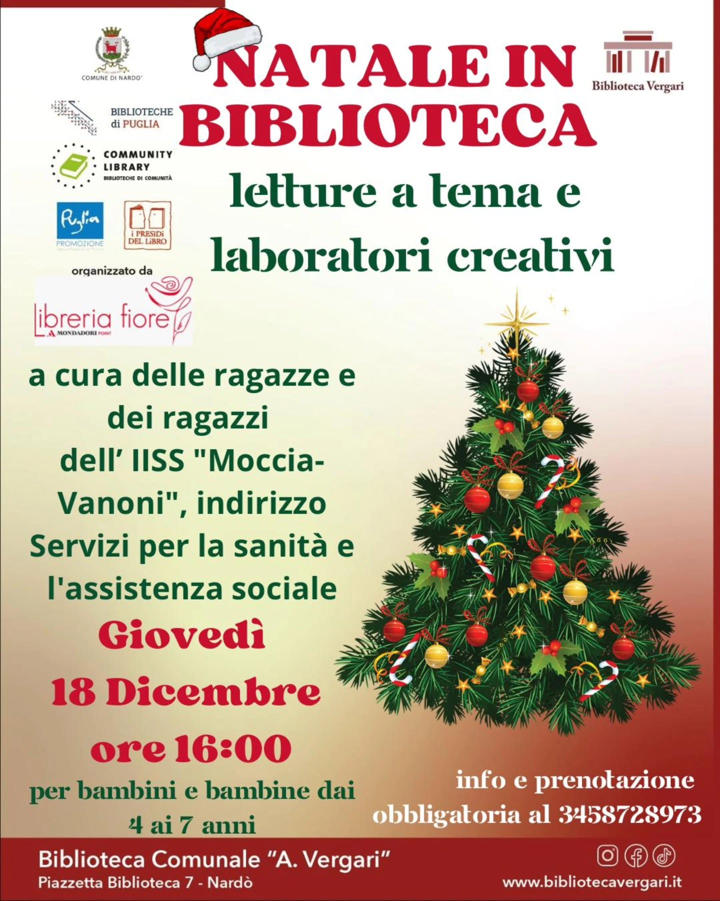 Locandina: Natale in Biblioteca Vergari, letture natalizie e laboratori creativi